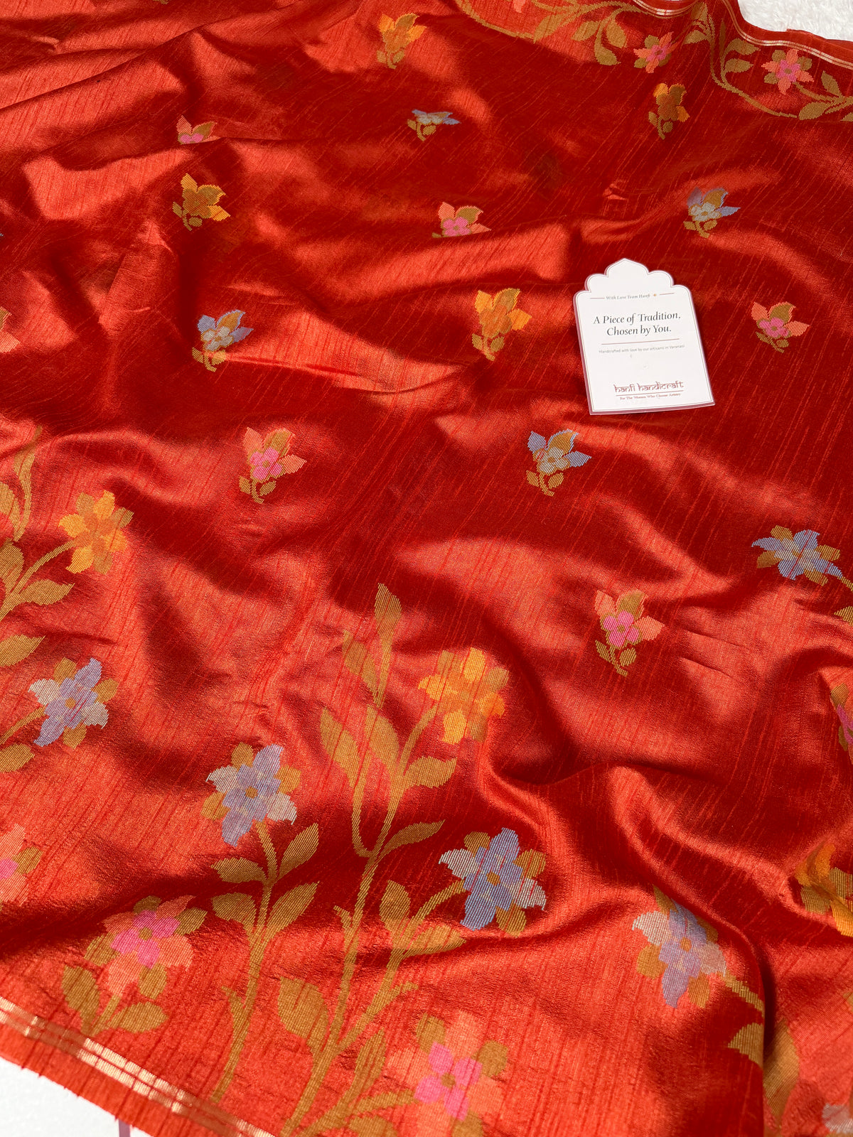 Rust Orange Designer Jamdani Pattern Silk Linen Saree