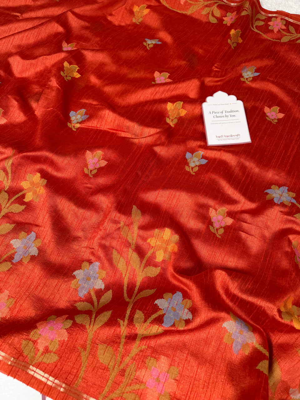 Rust Orange Designer Jamdani Pattern Silk Linen Saree