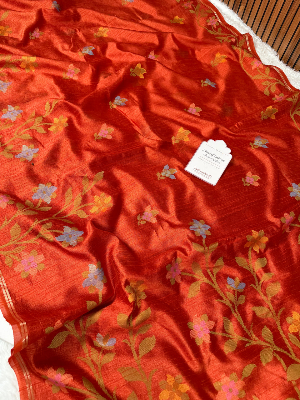 Rust Orange Designer Jamdani Pattern Silk Linen Saree