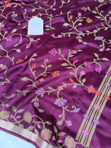 Magenta Wine Designer Jamdani Pattern Silk Linen Saree