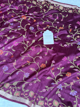 Magenta Wine Designer Jamdani Pattern Silk Linen Saree