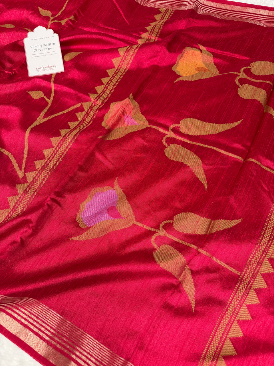Rani Red Designer Jamdani Pattern Silk Linen Saree