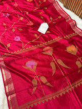 Rani Red Designer Jamdani Pattern Silk Linen Saree