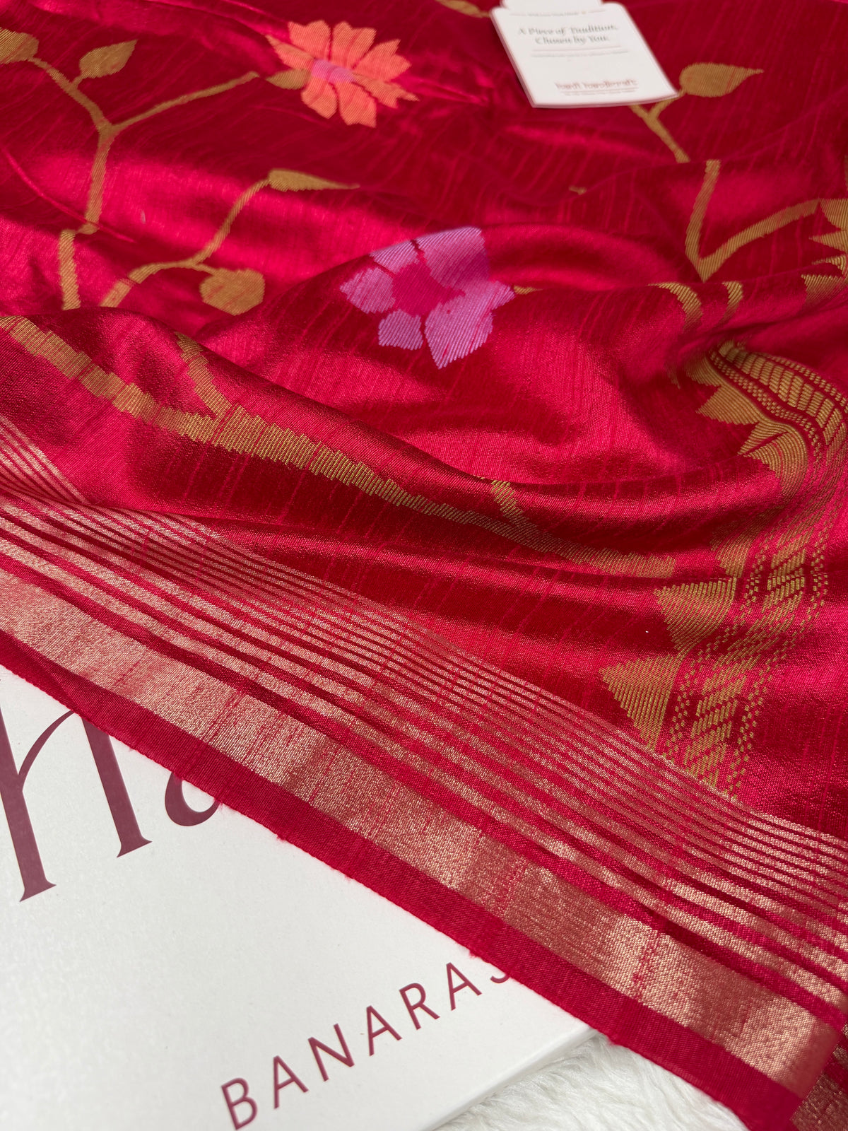 Rani Red Designer Jamdani Pattern Silk Linen Saree