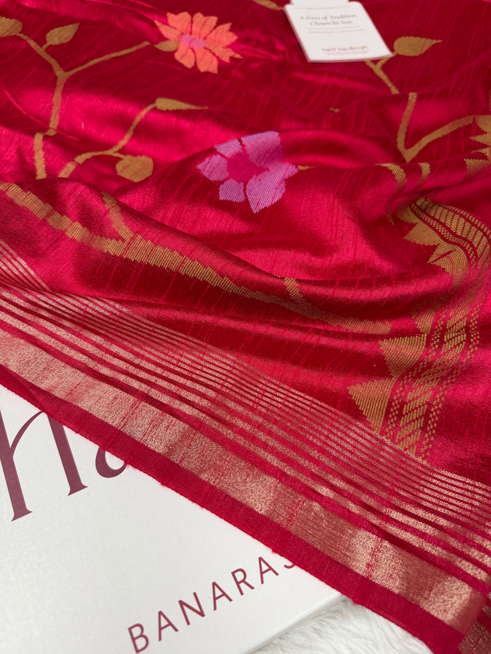 Rani Red Designer Jamdani Pattern Silk Linen Saree