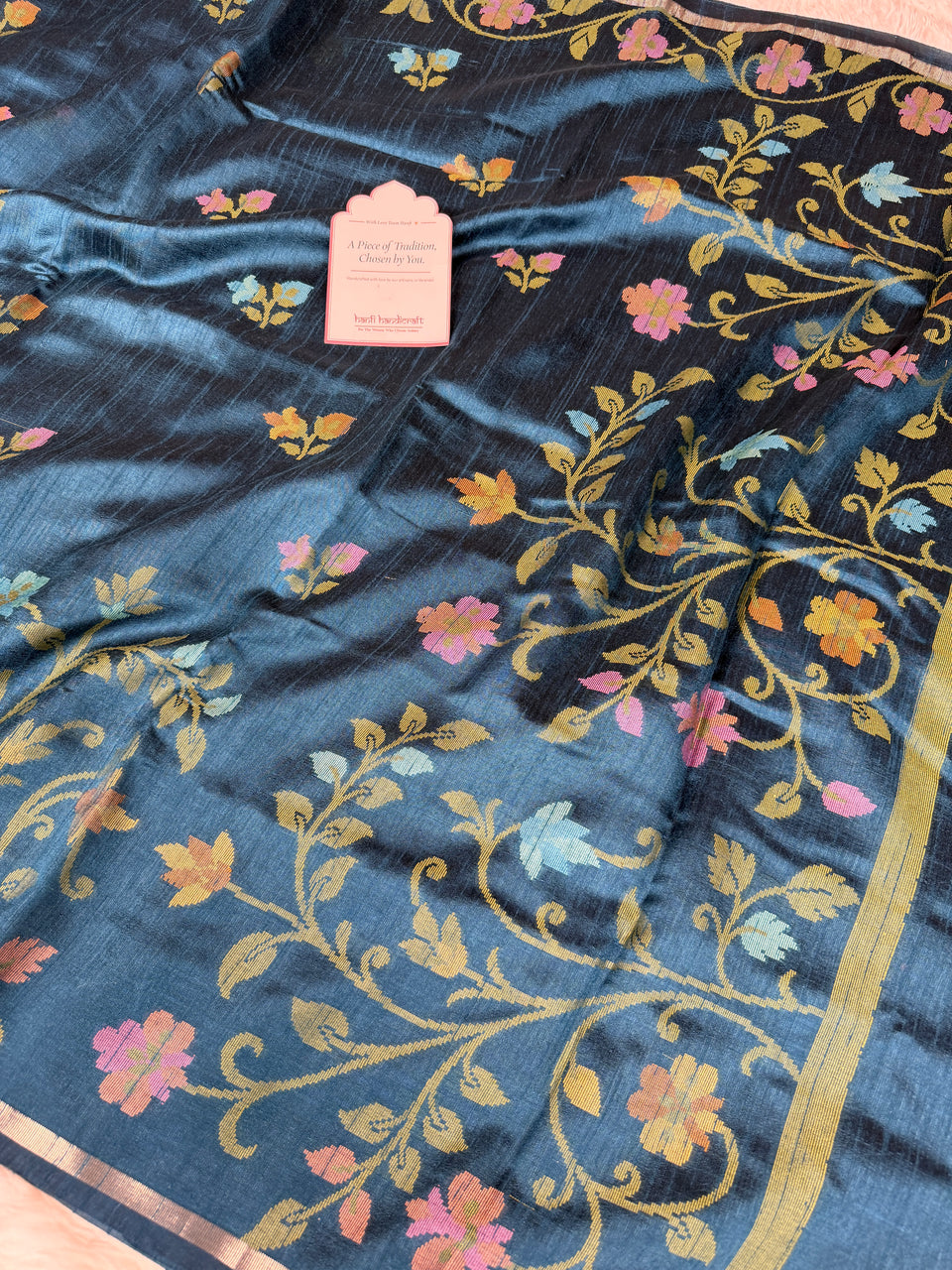 Sapphire Blue Designer Jamdani Pattern Silk Linen Saree