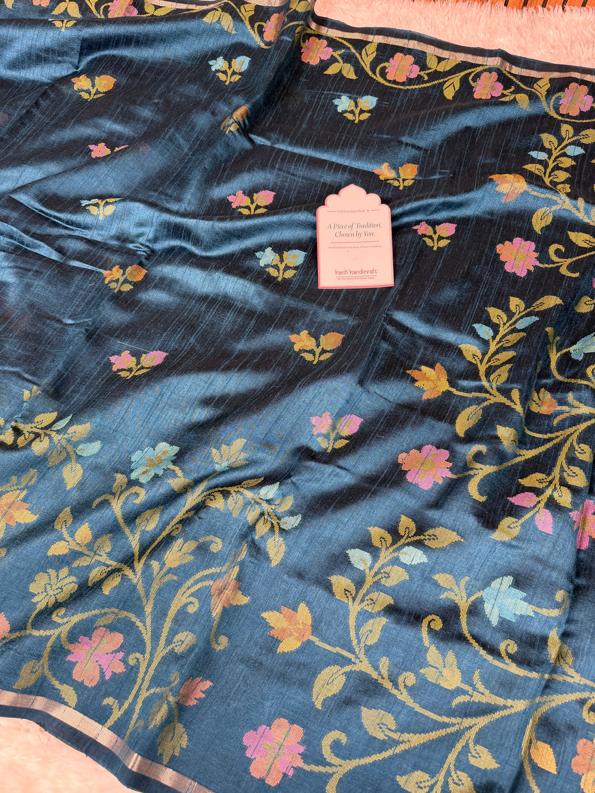 Sapphire Blue Designer Jamdani Pattern Silk Linen Saree