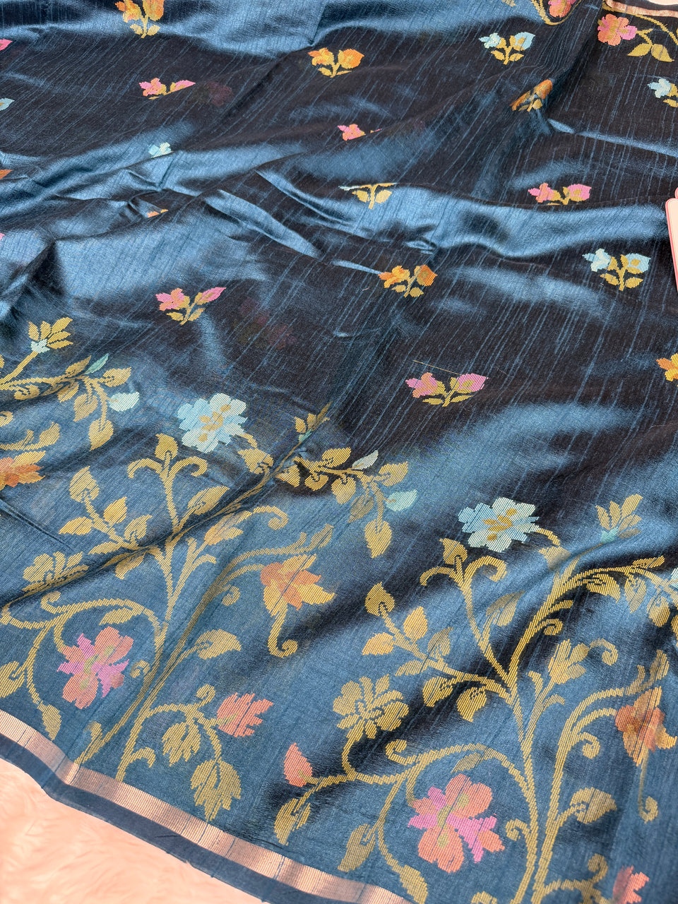 Sapphire Blue Designer Jamdani Pattern Silk Linen Saree