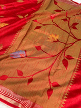 Ruby Red Designer Jamdani Pattern Silk Linen Saree