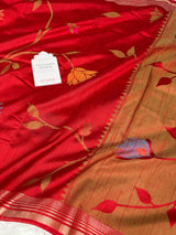 Ruby Red Designer Jamdani Pattern Silk Linen Saree