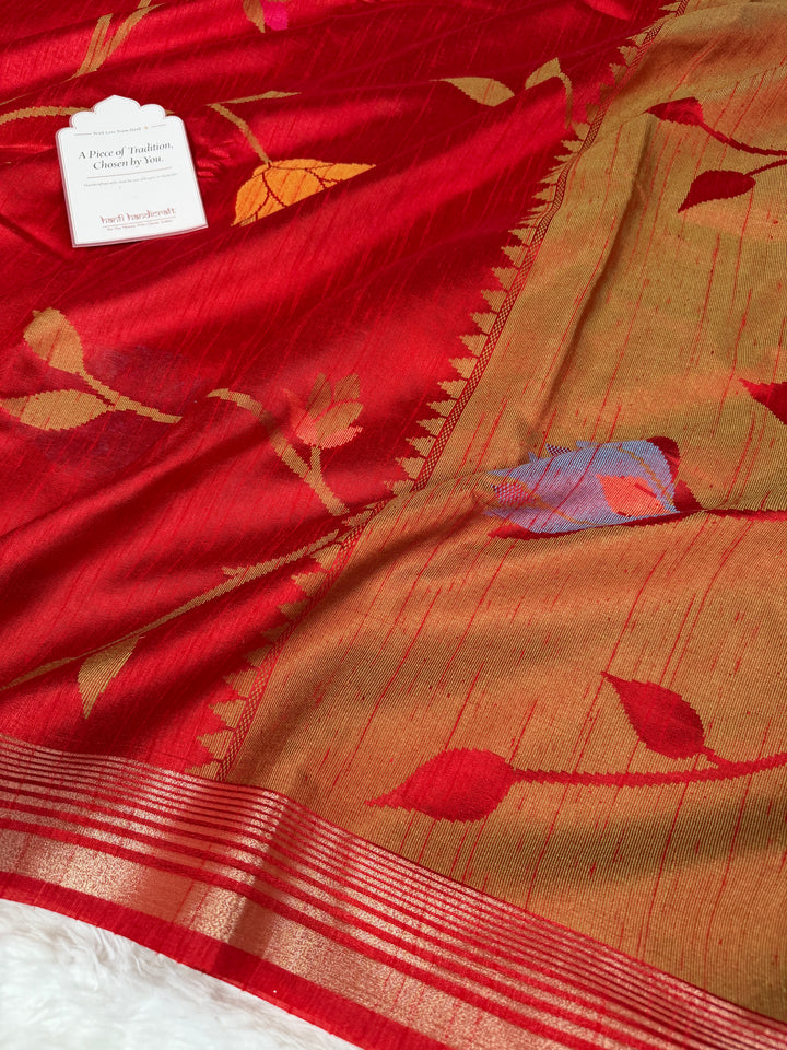 Ruby Red Designer Jamdani Pattern Silk Linen Saree