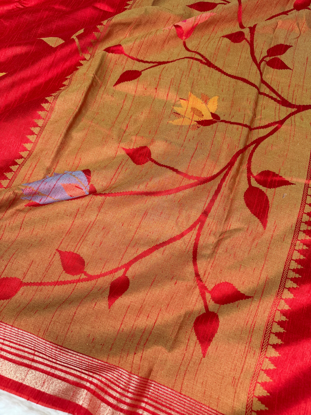 Ruby Red Designer Jamdani Pattern Silk Linen Saree