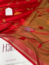 Ruby Red Designer Jamdani Pattern Silk Linen Saree