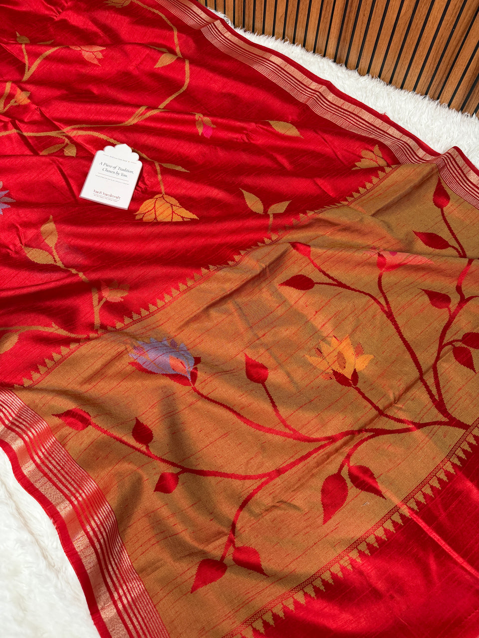 Ruby Red Designer Jamdani Pattern Silk Linen Saree