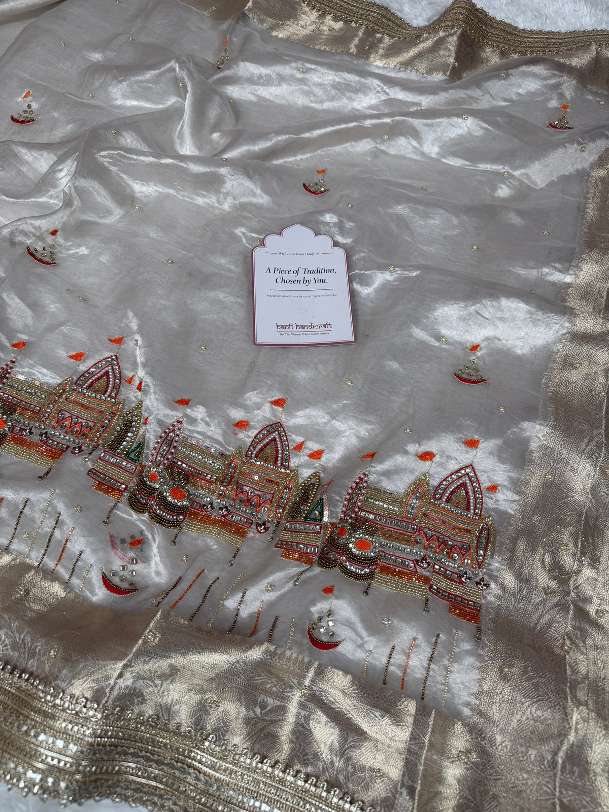 Chandrika Ivory Banarasi Ghat Handwork Pure Tissue Silk Saree