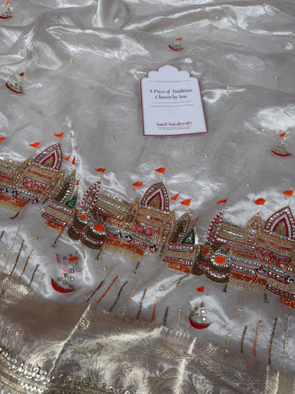 Chandrika Ivory Banarasi Ghat Handwork Pure Tissue Silk Saree