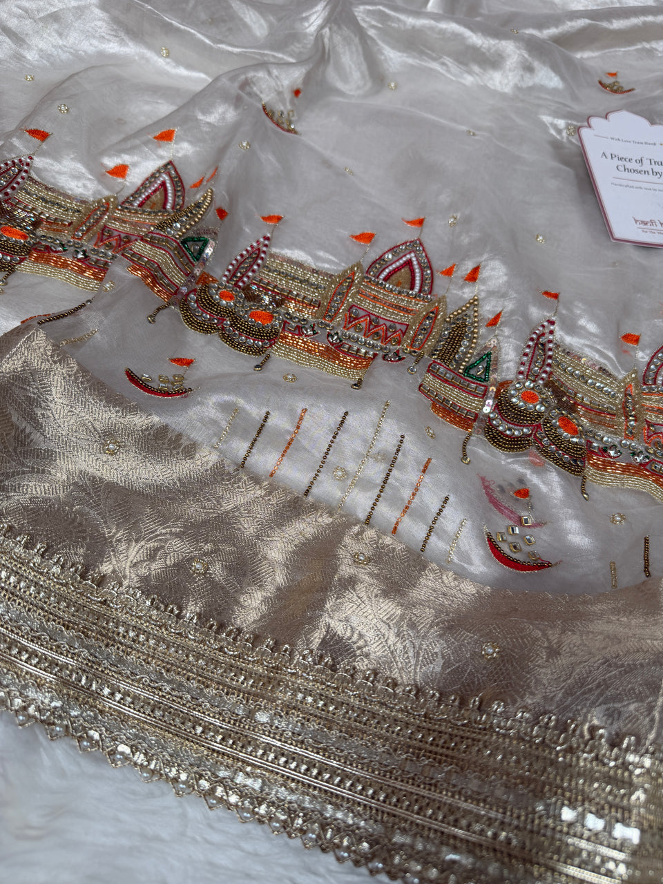 Chandrika Ivory Banarasi Ghat Handwork Pure Tissue Silk Saree