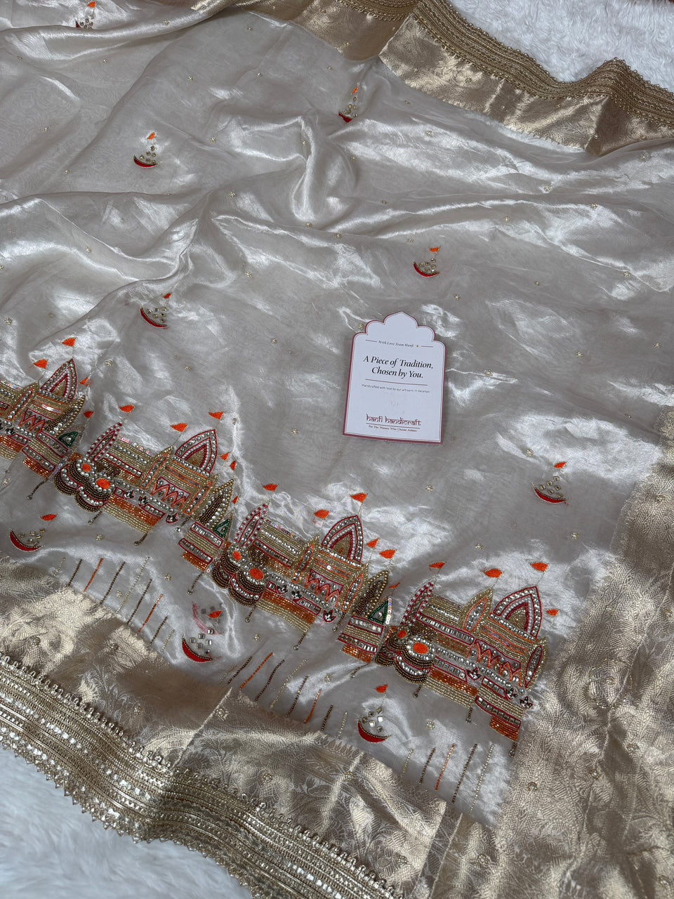 Chandrika Ivory Banarasi Ghat Handwork Pure Tissue Silk Saree