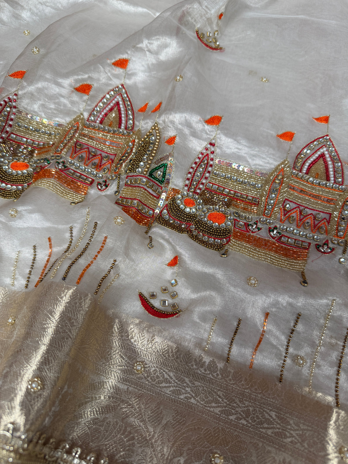 Chandrika Ivory Banarasi Ghat Handwork Pure Tissue Silk Saree