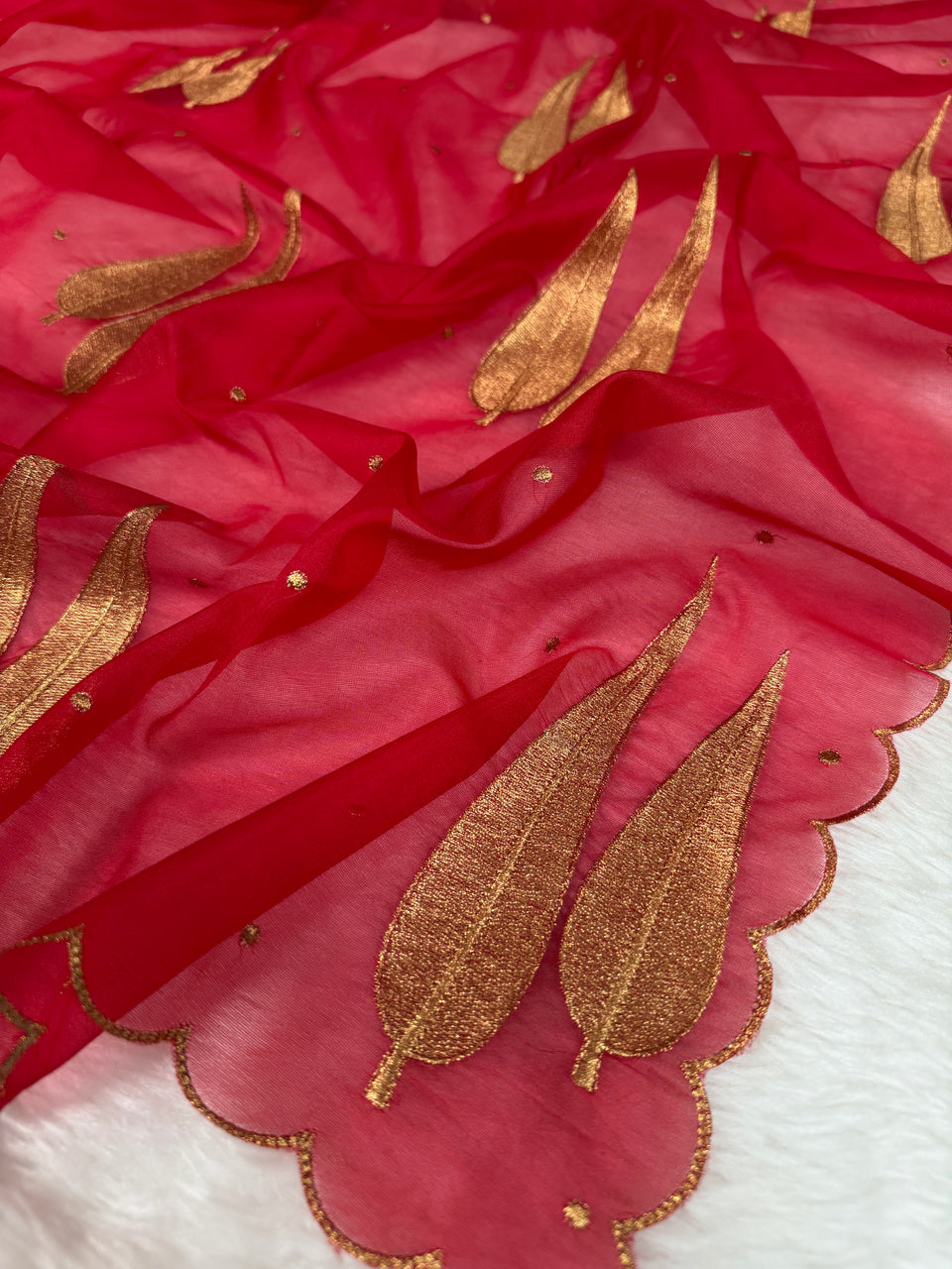 Cherry Red Sunehri Patti Zari Work Saree with Scalloped Border