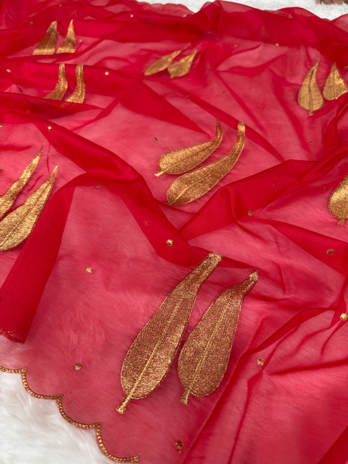 Cherry Red Sunehri Patti Zari Work Saree with Scalloped Border