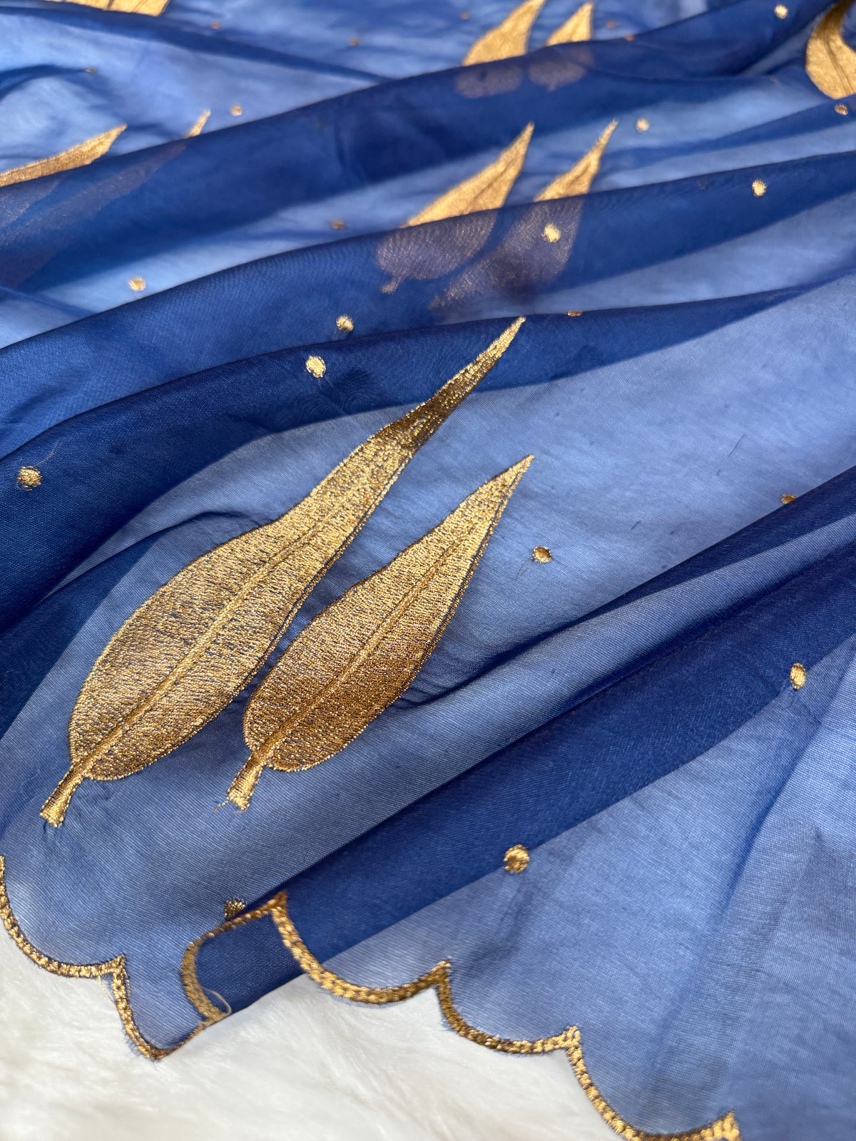 German Blue Sunehri Patti Zari Work Saree with Scalloped Border