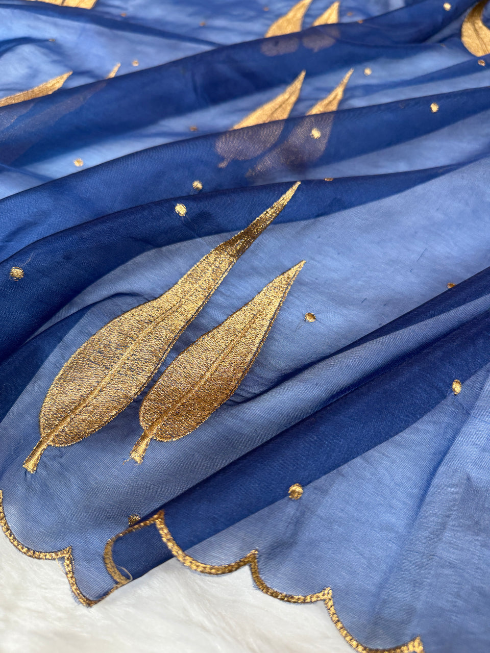 German Blue Sunehri Patti Zari Work Saree with Scalloped Border