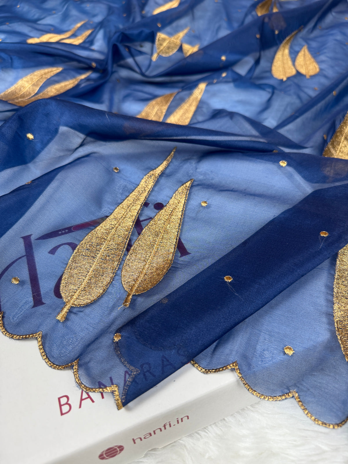 German Blue Sunehri Patti Zari Work Saree with Scalloped Border