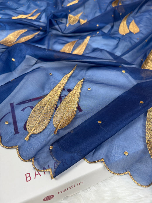 German Blue Sunehri Patti Zari Work Saree with Scalloped Border