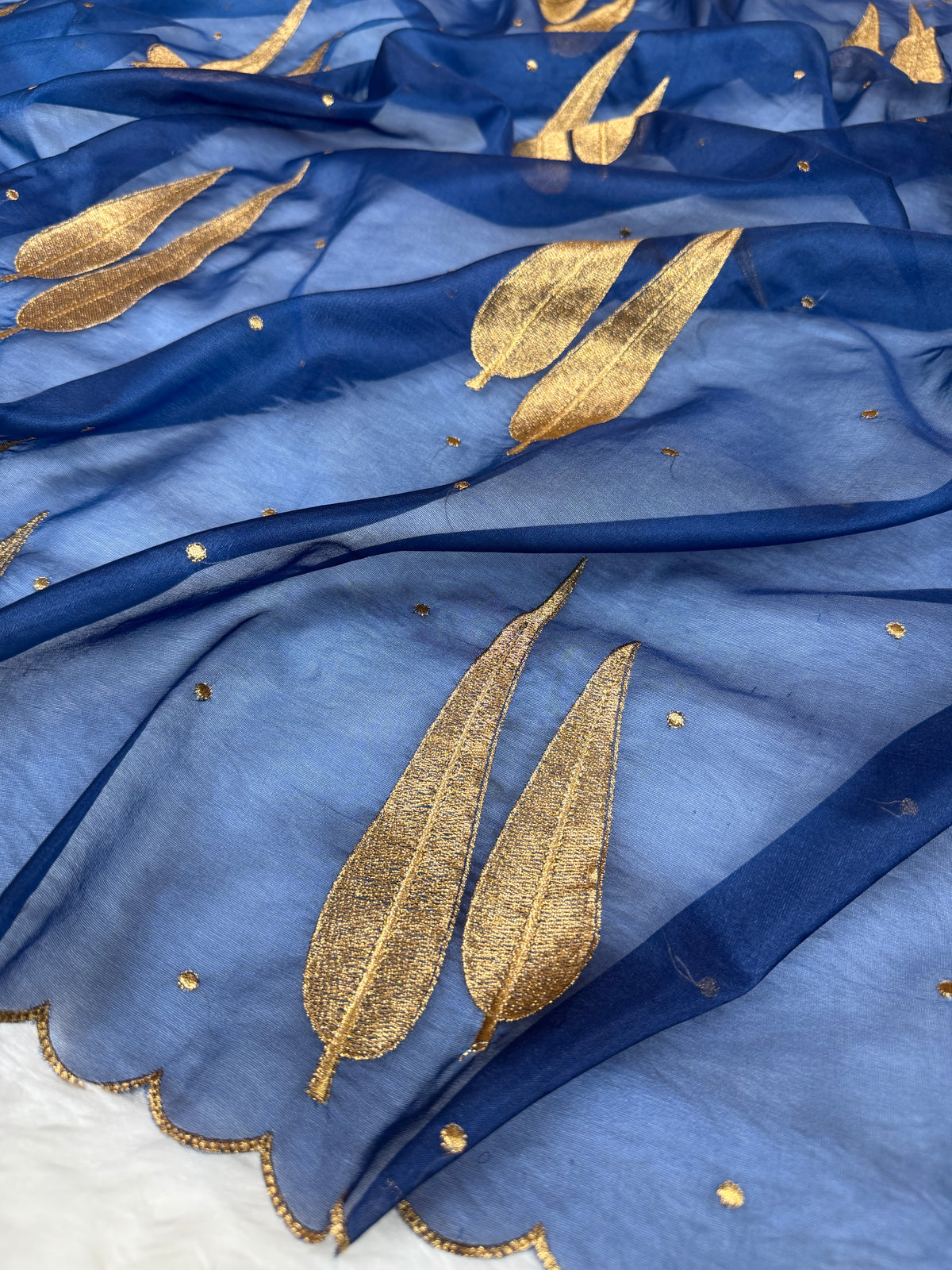 German Blue Sunehri Patti Zari Work Saree with Scalloped Border