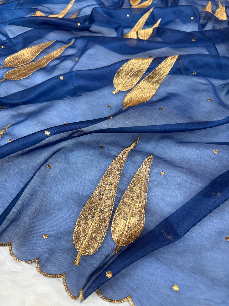 German Blue Sunehri Patti Zari Work Saree with Scalloped Border