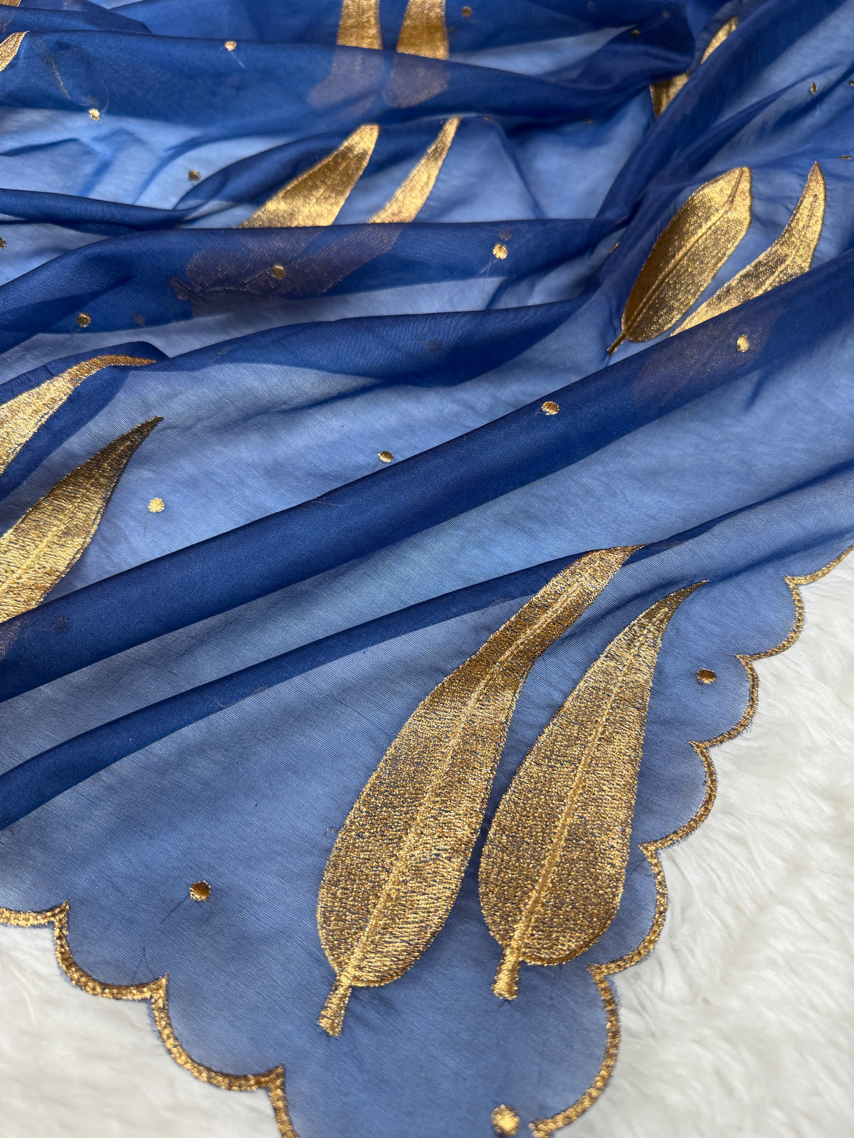 German Blue Sunehri Patti Zari Work Saree with Scalloped Border