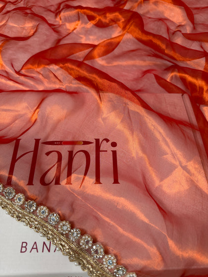 Metallic Orange Nayaab Designer Pure Tissue Silk Saree