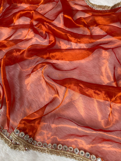 Metallic Orange Nayaab Designer Pure Tissue Silk Saree