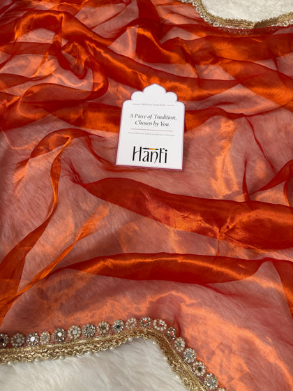 Metallic Orange Nayaab Designer Pure Tissue Silk Saree