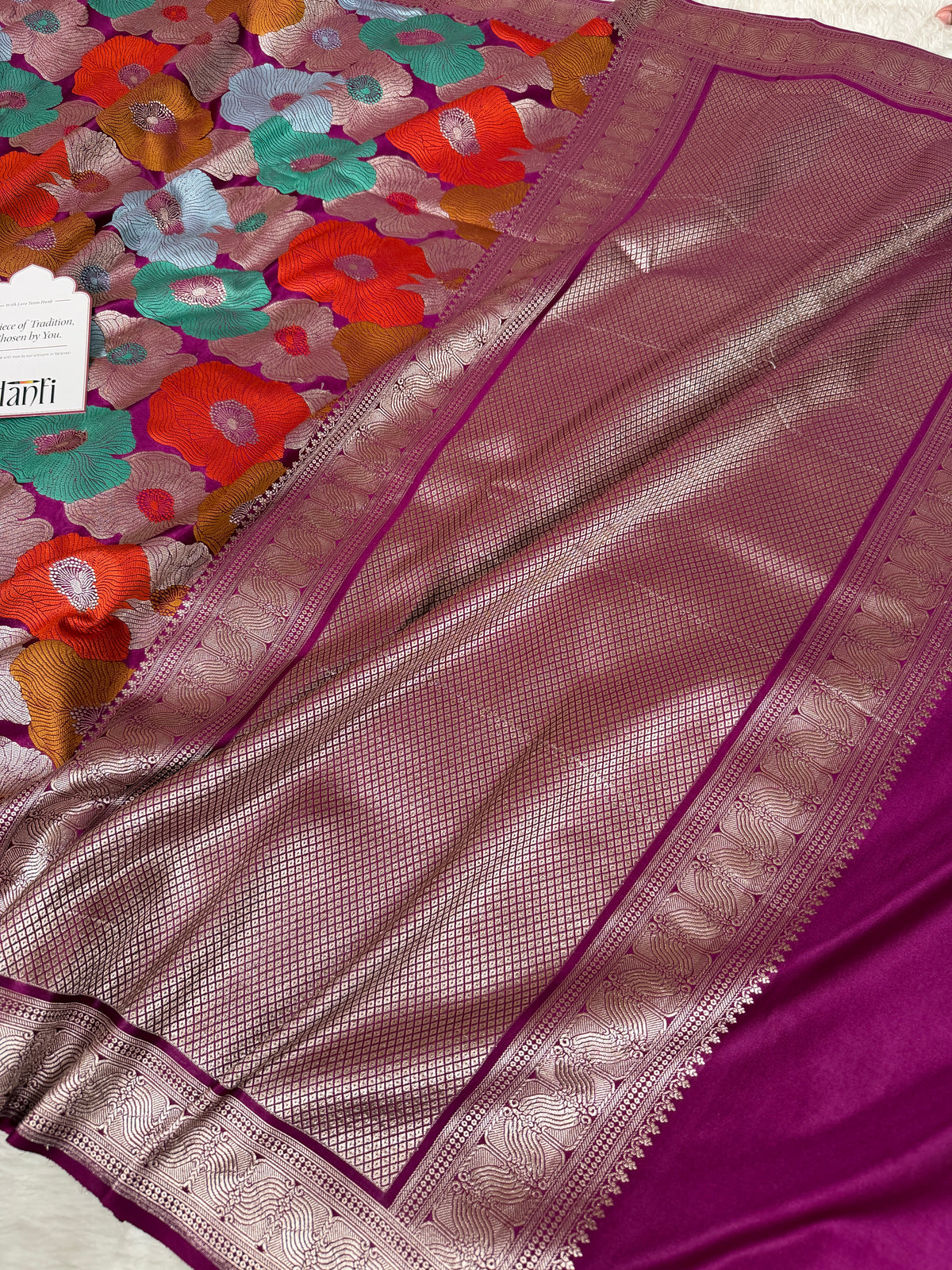 Magenta Gulbahaar Floral Banarasi Mashru Silk Saree