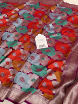 Magenta Gulbahaar Floral Banarasi Mashru Silk Saree