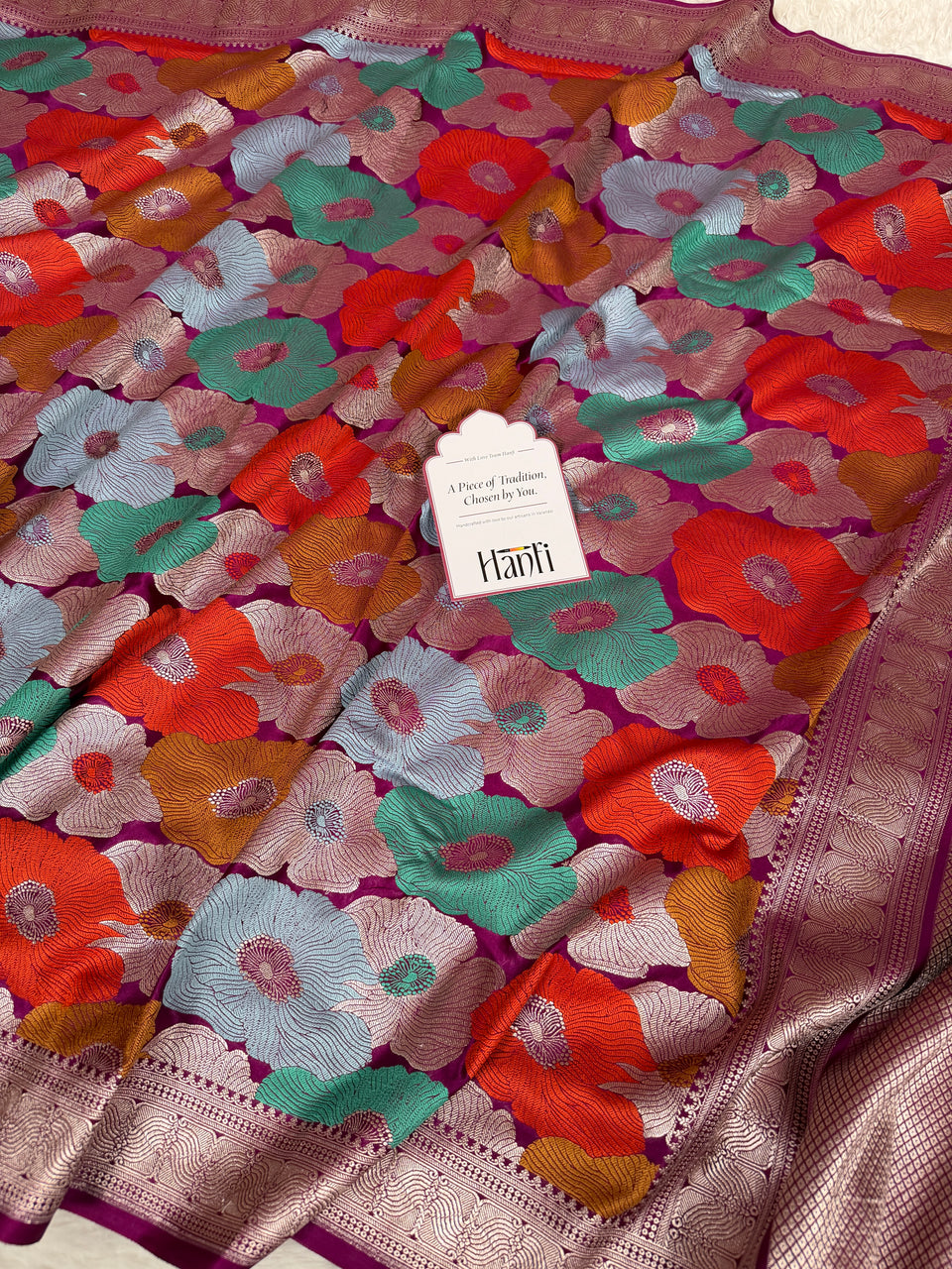 Magenta Gulbahaar Floral Banarasi Mashru Silk Saree