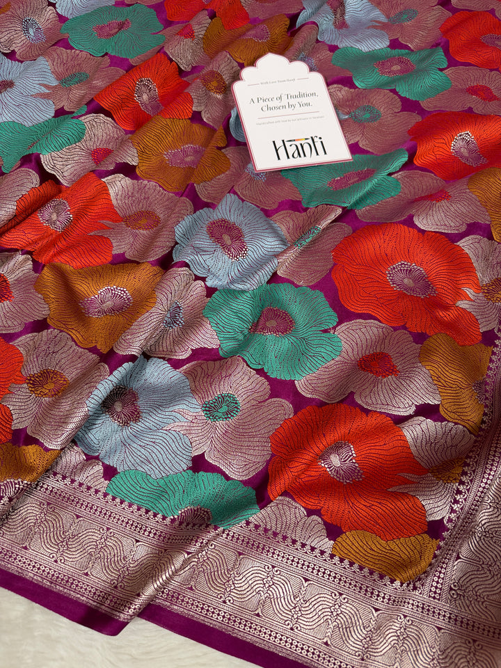 Magenta Gulbahaar Floral Banarasi Mashru Silk Saree