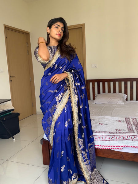 Royal Blue Banarasi Nazakat Mirror-Pearl work Saree