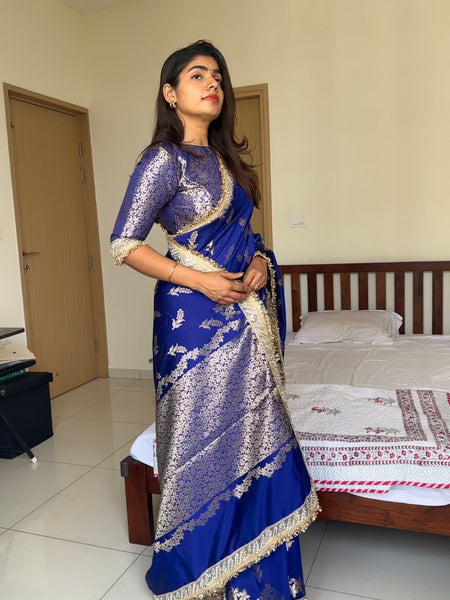 Royal Blue Banarasi Nazakat Mirror-Pearl work Saree