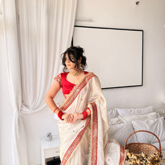 Ivory Royale Ruby Stone Inspired Shimmery Tissue Handwork Saree