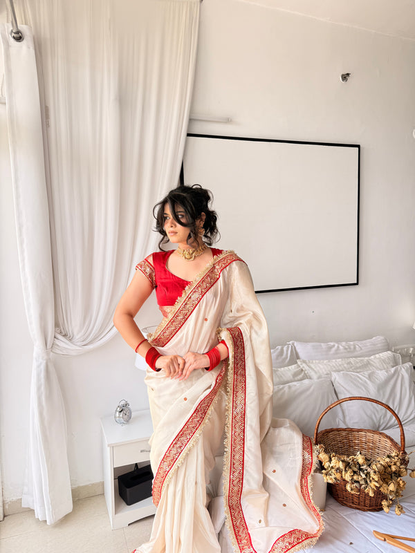 Ivory Royale Ruby Stone Inspired Shimmery Tissue Handwork Saree