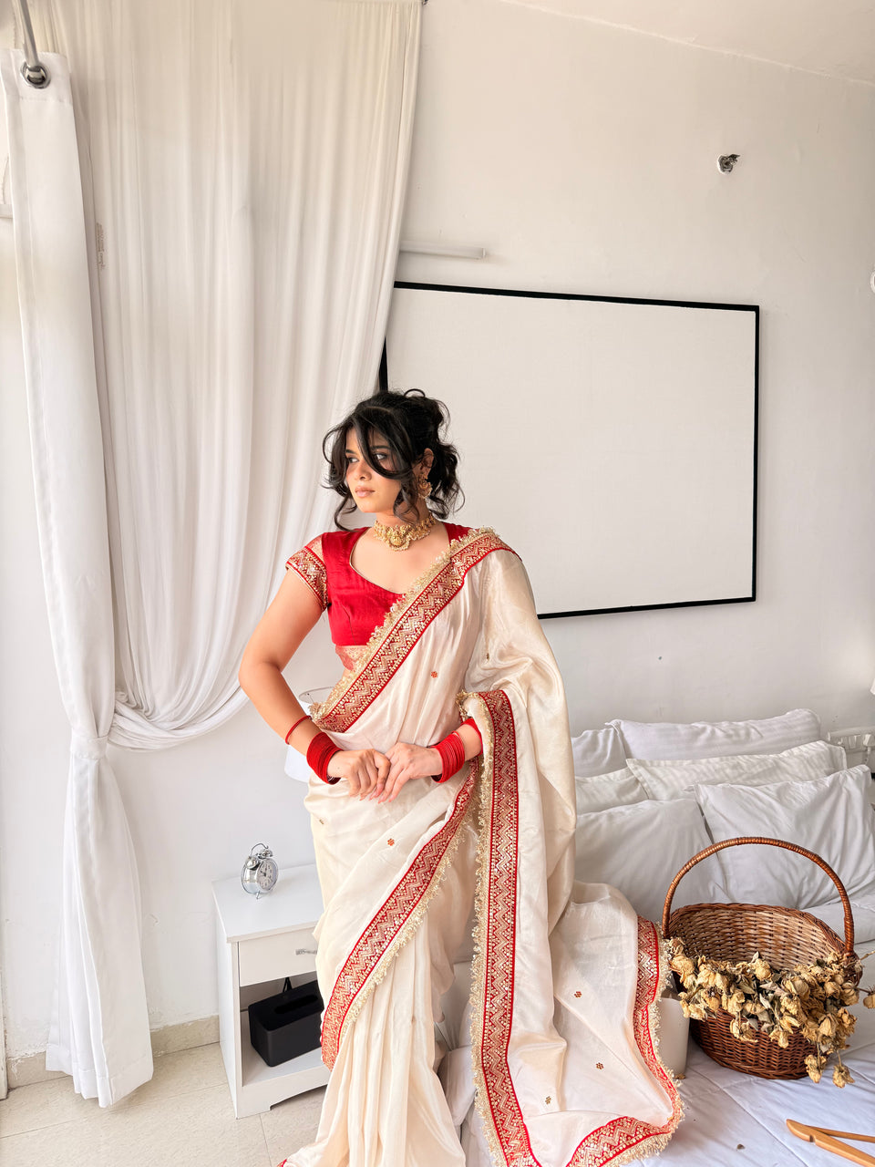 Ivory Royale Ruby Stone Inspired Shimmery Tissue Handwork Saree
