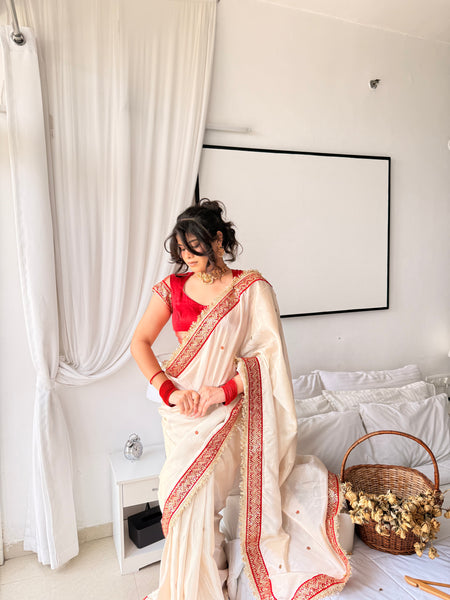 Ivory Royale Ruby Stone Inspired Shimmery Tissue Handwork Saree