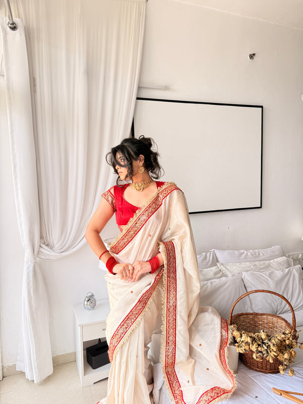Ivory Royale Ruby Stone Inspired Shimmery Tissue Handwork Saree