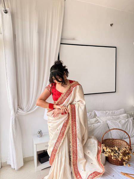 Ivory Royale Ruby Stone Inspired Shimmery Tissue Handwork Saree