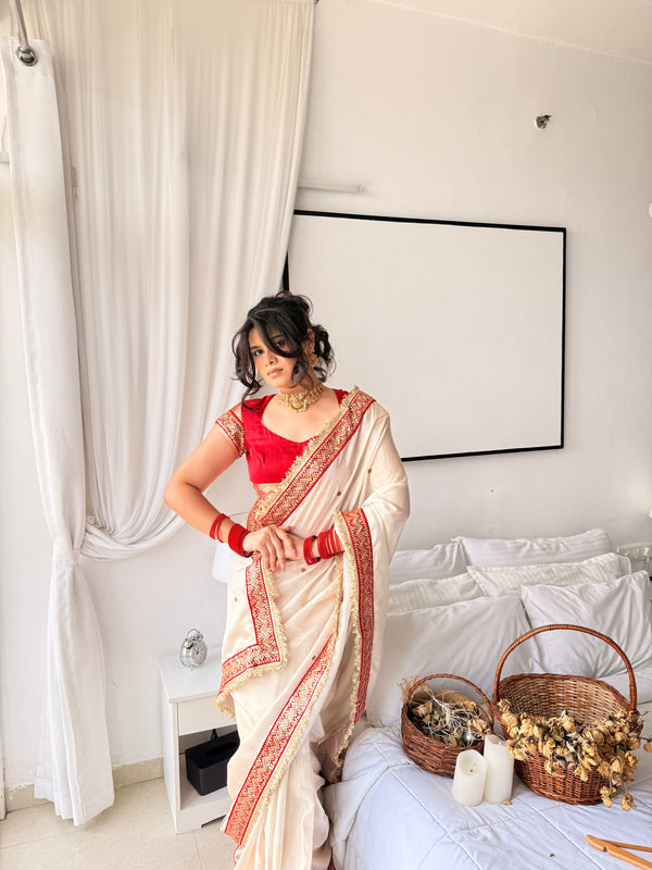Ivory Royale Ruby Stone Inspired Shimmery Tissue Handwork Saree