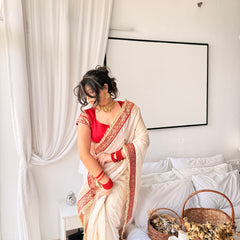 Ivory Royale Ruby Stone Inspired Shimmery Tissue Handwork Saree