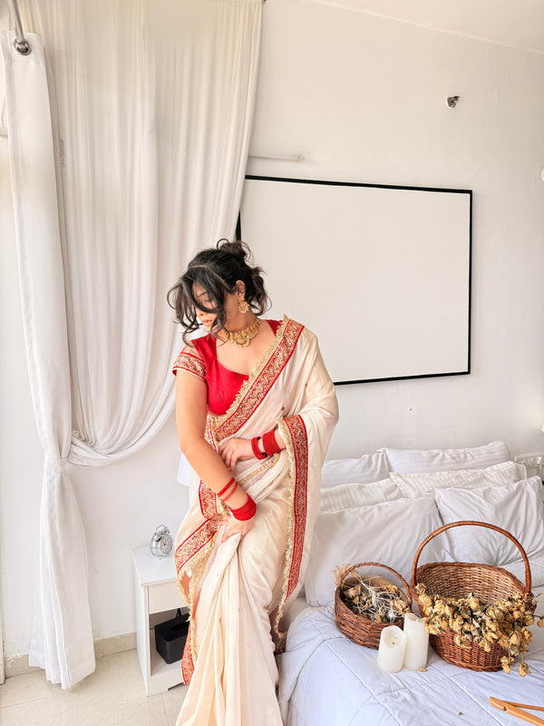 Ivory Royale Ruby Stone Inspired Shimmery Tissue Handwork Saree